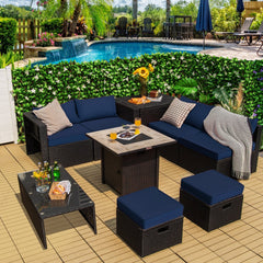 9 Piece PE Rattan Sectional with Gas Fire Pit Table, Lava Rocks, Storage Box and 2 Ottomans, Navy