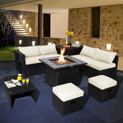 9 Piece Wicker Patio Sectional with 35 Inch Gas Fire Table, Storage Box and 2 Ottomans, Off White