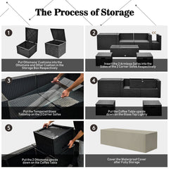 9 Piece Wicker Patio Sectional with 35 Inch Gas Fire Table, Storage Box and 2 Ottomans, Off White
