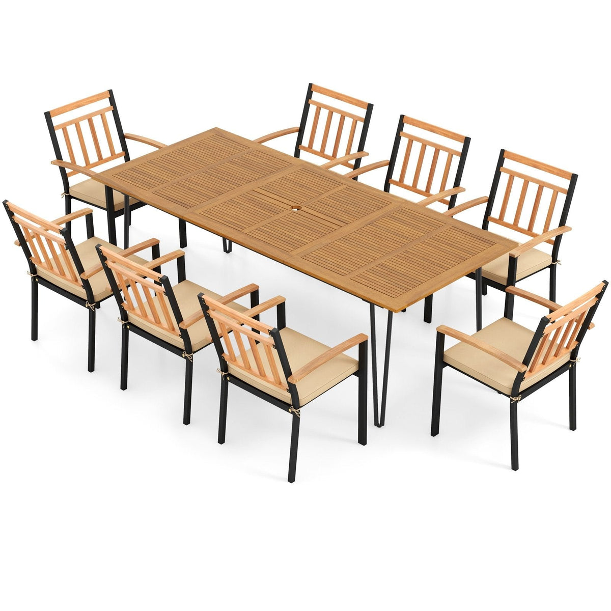 9 Piece Acacia Patio Dining Set for 8, 86.5 Inch Table on Hairpin Legs and Eight Slat Back Armchairs