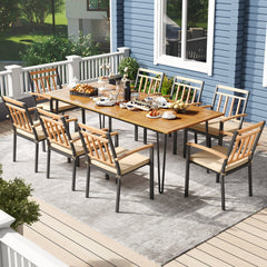 9 Piece Acacia Patio Dining Set for 8, 86.5 Inch Table on Hairpin Legs and Eight Slat Back Armchairs