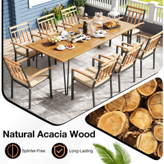 9 Piece Acacia Patio Dining Set for 8, 86.5 Inch Table on Hairpin Legs and Eight Slat Back Armchairs