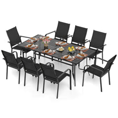 9 Piece Metal Patio Dining Set for 8 with Stackable Mesh Chairs and 76 in Table, Black