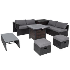9 Piece Patio Furniture Set with 32 in Square 50,000 BTU Propane Fire Pit Table, Black Wicker Sofas, Storage Box and 2 Ottomans, Grey Cushions