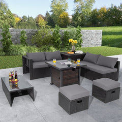 9 Piece Patio Furniture Set with 32 in Square 50,000 BTU Propane Fire Pit Table, Black Wicker Sofas, Storage Box and 2 Ottomans, Grey Cushions