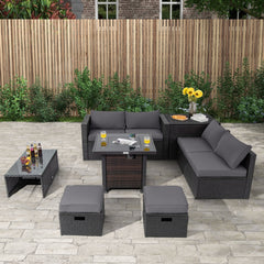 9 Piece Patio Furniture Set with 32 in Square 50,000 BTU Propane Fire Pit Table, Black Wicker Sofas, Storage Box and 2 Ottomans, Grey Cushions