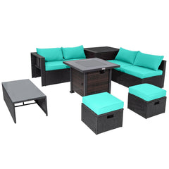 9 Piece Patio Furniture Set with 32 in Square 50,000 BTU Propane Fire Pit Table, Black Wicker Sofas, Storage Box and 2 Ottomans, Turquoise Cushions