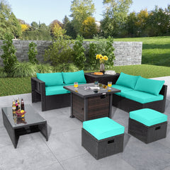 9 Piece Patio Furniture Set with 32 in Square 50,000 BTU Propane Fire Pit Table, Black Wicker Sofas, Storage Box and 2 Ottomans, Turquoise Cushions