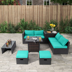 9 Piece Patio Furniture Set with 32 in Square 50,000 BTU Propane Fire Pit Table, Black Wicker Sofas, Storage Box and 2 Ottomans, Turquoise Cushions