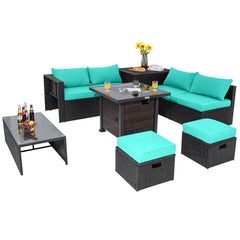 9 Piece Patio Furniture Set with 32 in Square 50,000 BTU Propane Fire Pit Table, Black Wicker Sofas, Storage Box and 2 Ottomans, Turquoise Cushions