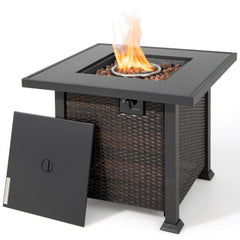 9 Piece Patio Furniture Set with 32 in Square 50,000 BTU Propane Fire Pit Table, Black Wicker Sofas, Storage Box and 2 Ottomans, Turquoise Cushions
