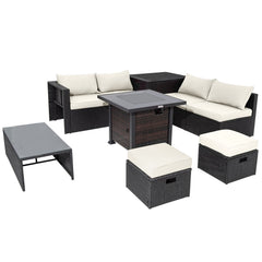 9 Piece Patio Furniture Set with 32 in Square 50,000 BTU Propane Fire Pit Table, Black Wicker Sofas, Storage Box and 2 Ottomans, Cream Cushions