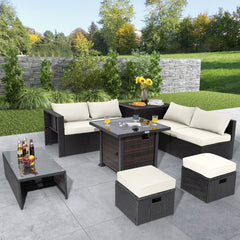 9 Piece Patio Furniture Set with 32 in Square 50,000 BTU Propane Fire Pit Table, Black Wicker Sofas, Storage Box and 2 Ottomans, Cream Cushions
