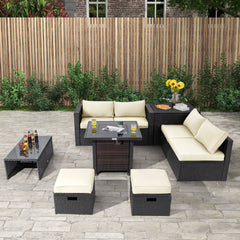 9 Piece Patio Furniture Set with 32 in Square 50,000 BTU Propane Fire Pit Table, Black Wicker Sofas, Storage Box and 2 Ottomans, Cream Cushions