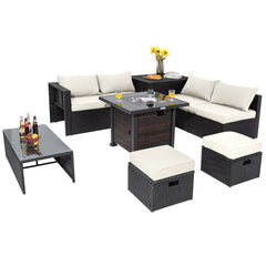 9 Piece Patio Furniture Set with 32 in Square 50,000 BTU Propane Fire Pit Table, Black Wicker Sofas, Storage Box and 2 Ottomans, Cream Cushions