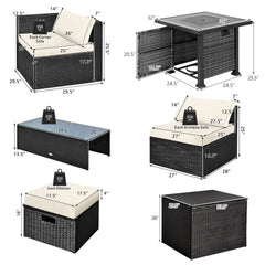 9 Piece Patio Furniture Set with 32 in Square 50,000 BTU Propane Fire Pit Table, Black Wicker Sofas, Storage Box and 2 Ottomans, Cream Cushions
