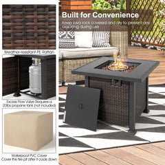 9 Piece Patio Furniture Set with 32 in Square 50,000 BTU Propane Fire Pit Table, Black Wicker Sofas, Storage Box and 2 Ottomans, Cream Cushions