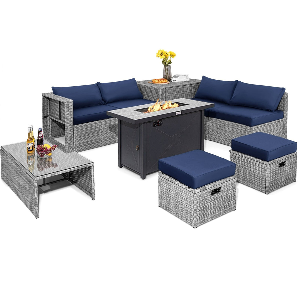 9 Piece Patio Furniture Set with 42 in 60,000 BTU Propane Fire Pit Table, Grey Wicker Sectional, Storage Box and 2 Ottomans, Navy Cushions