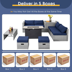 9 Piece Patio Furniture Set with 42 in 60,000 BTU Propane Fire Pit Table, Grey Wicker Sectional, Storage Box and 2 Ottomans, Navy Cushions