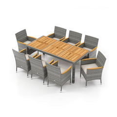 9 Piece Pale Grey Wicker Patio Dining Set for 8, 75 Inch Acacia Top Table and Eight Cushioned Armchairs