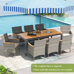 9 Piece Pale Grey Wicker Patio Dining Set for 8, 75 Inch Acacia Top Table and Eight Cushioned Armchairs