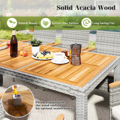 9 Piece Pale Grey Wicker Patio Dining Set for 8, 75 Inch Acacia Top Table and Eight Cushioned Armchairs