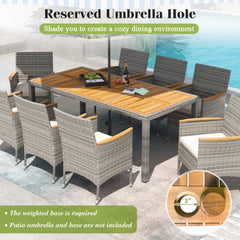9 Piece Pale Grey Wicker Patio Dining Set for 8, 75 Inch Acacia Top Table and Eight Cushioned Armchairs
