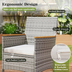 9 Piece Pale Grey Wicker Patio Dining Set for 8, 75 Inch Acacia Top Table and Eight Cushioned Armchairs