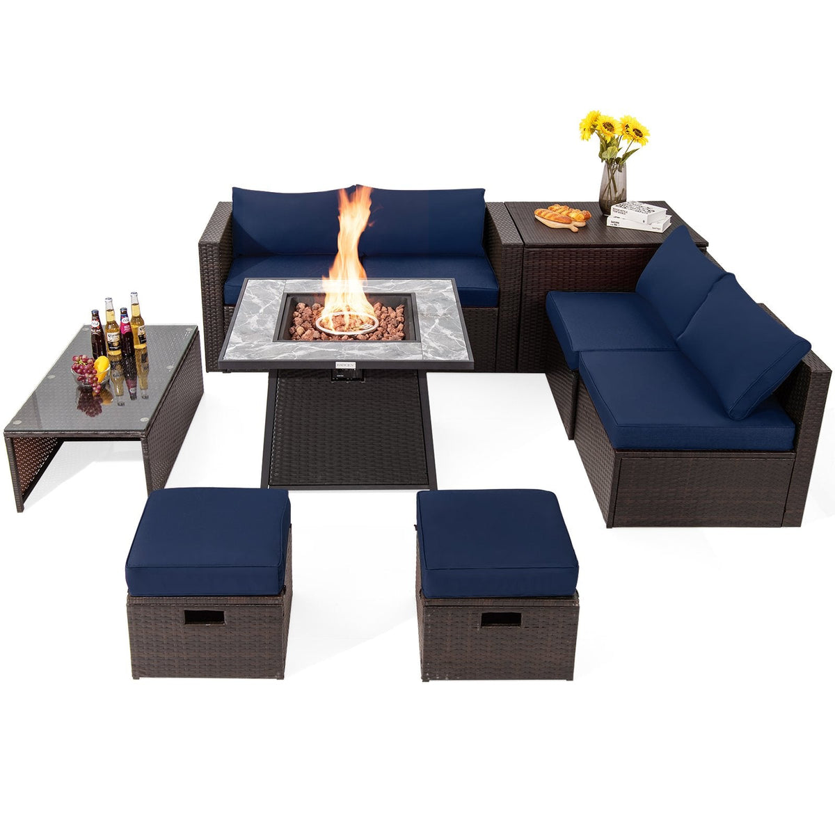9 Piece Wicker Patio Sectional with 50000 BTU Gas Fire Table, Rustproof Steel Frame and Storage, Navy