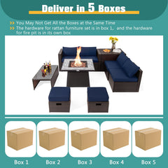 9 Piece Wicker Patio Sectional with 50000 BTU Gas Fire Table, Rustproof Steel Frame and Storage, Navy