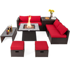 9 Piece Patio Wicker Sectional with 50000 BTU Square Fire Table and Two Covers Included, Red