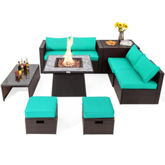 9 Piece Wicker Sectional Set with 50000 BTU Fire Pit Table, Six Seats and Three Storage Pieces, Turquoise
