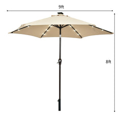 9 ft Solar LED Lighted Patio Market Umbrella Tilt Adjustment Crank Lift -Beige
