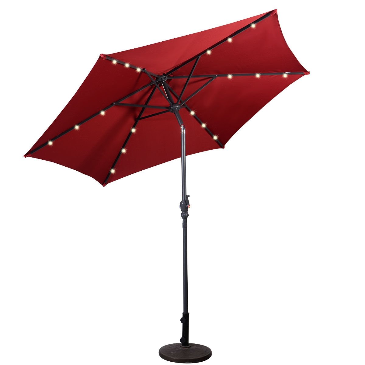9 ft Solar LED Lighted Patio Market Umbrella Tilt Adjustment Crank Lift -Burgundy