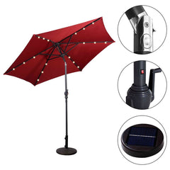 9 ft Solar LED Lighted Patio Market Umbrella Tilt Adjustment Crank Lift -Burgundy