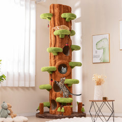 90.5 Inch Tree Trunk Cat Tower with Three Hollow Condos and Leaf Platforms