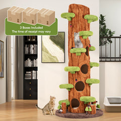 90.5 Inch Tree Trunk Cat Tower with Three Hollow Condos and Leaf Platforms