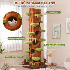 90.5 Inch Tree Trunk Cat Tower with Three Hollow Condos and Leaf Platforms