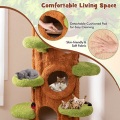 90.5 Inch Tree Trunk Cat Tower with Three Hollow Condos and Leaf Platforms