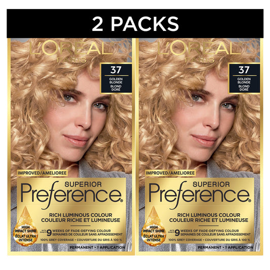 L'Oreal Paris Superior Preference Hair Dye, Hair Color for Women, 37 Golden Blonde, 100% Grey Coverage, 9 weeks of Fade-Defying, 2 Kit