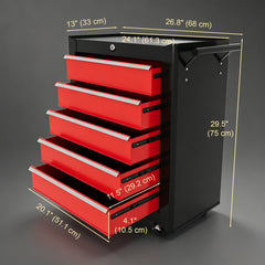 5 Drawer Roller Tool Chest, Lockable Toolbox, Storage Organizer with Handle for Workshop Mechanics Garage, Black and Red