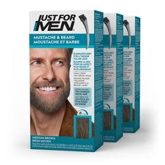 Just For Men Mustache & Beard, Beard Dye for Men with Brush Included for Easy Application, With Biotin Aloe and Coconut Oil for Healthy Facial Hair, Medium Brown, M-35 (3 Count), Packaging May Vary