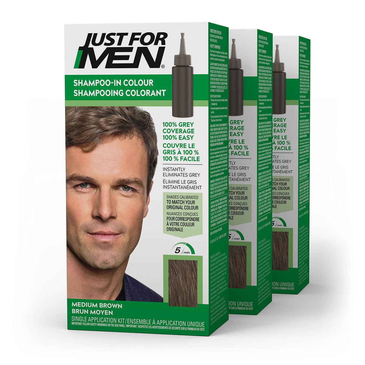 Just For Men Shampoo-In Color, Hair Color for Men with Keratin and Vitamin E for Stronger Hair - Medium Brown, H-35, Pack of 3