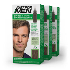 Just For Men Shampoo-In Color, Hair Color for Men with Keratin and Vitamin E for Stronger Hair - Medium Brown, H-35, Pack of 3