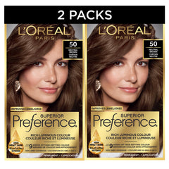 L'Oreal Paris Superior Preference Hair Dye, Hair Color for Women, 50 Natural Brown Hair Dye, Permanent Hair Color, 100% Grey Coverage, 9 weeks of Luminous Fade-Defying, 1 Kit (Pack of 2) (Packaging May Vary)