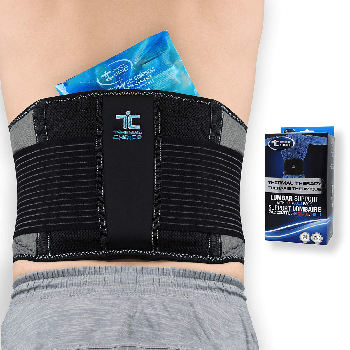 Trainers Choice Back Brace with Hot-Cold Gel Pack, Adjustable Lumbar Support Belt for Men & Women, Helps with Back Pain Relief and Lower Back Support. One Size Fits Most