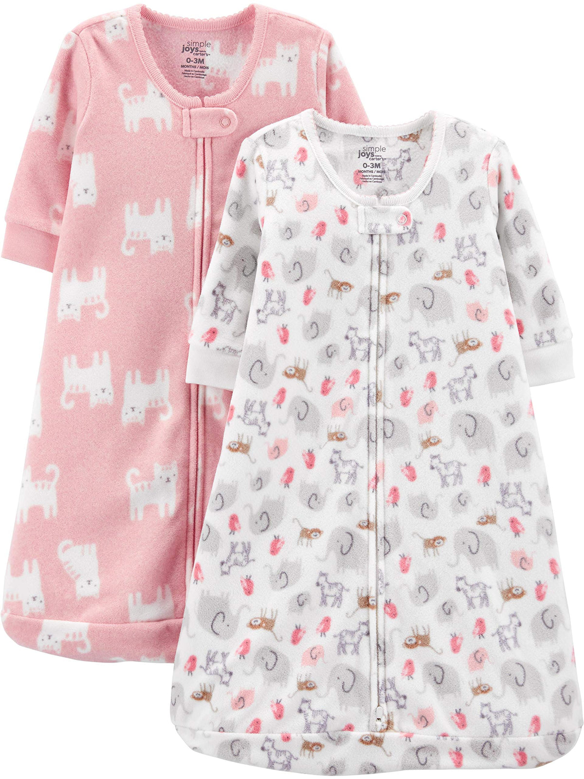 Simple Joys by Carter's Unisex Babies' Microfleece Sleepbag Wearable Blanket, Pack of 2, Pink Cat/White Animal, 0-3 Months