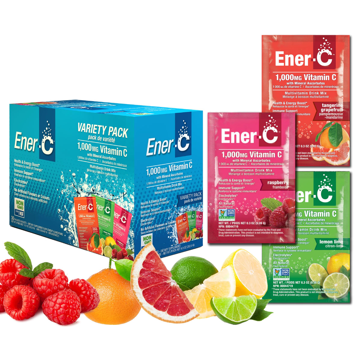 Ener-C Variety Pack Multivitamin Drink Mix, 1000mg Vitamin C, Non-GMO, Vegan, Real Fruit Juice Powders, Natural Immunity Support, Electrolytes, Gluten Free, 1-Pack of 30