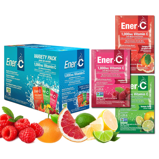 Ener-C Variety Pack Multivitamin Drink Mix, 1000mg Vitamin C, Non-GMO, Vegan, Real Fruit Juice Powders, Natural Immunity Support, Electrolytes, Gluten Free, 1-Pack of 30