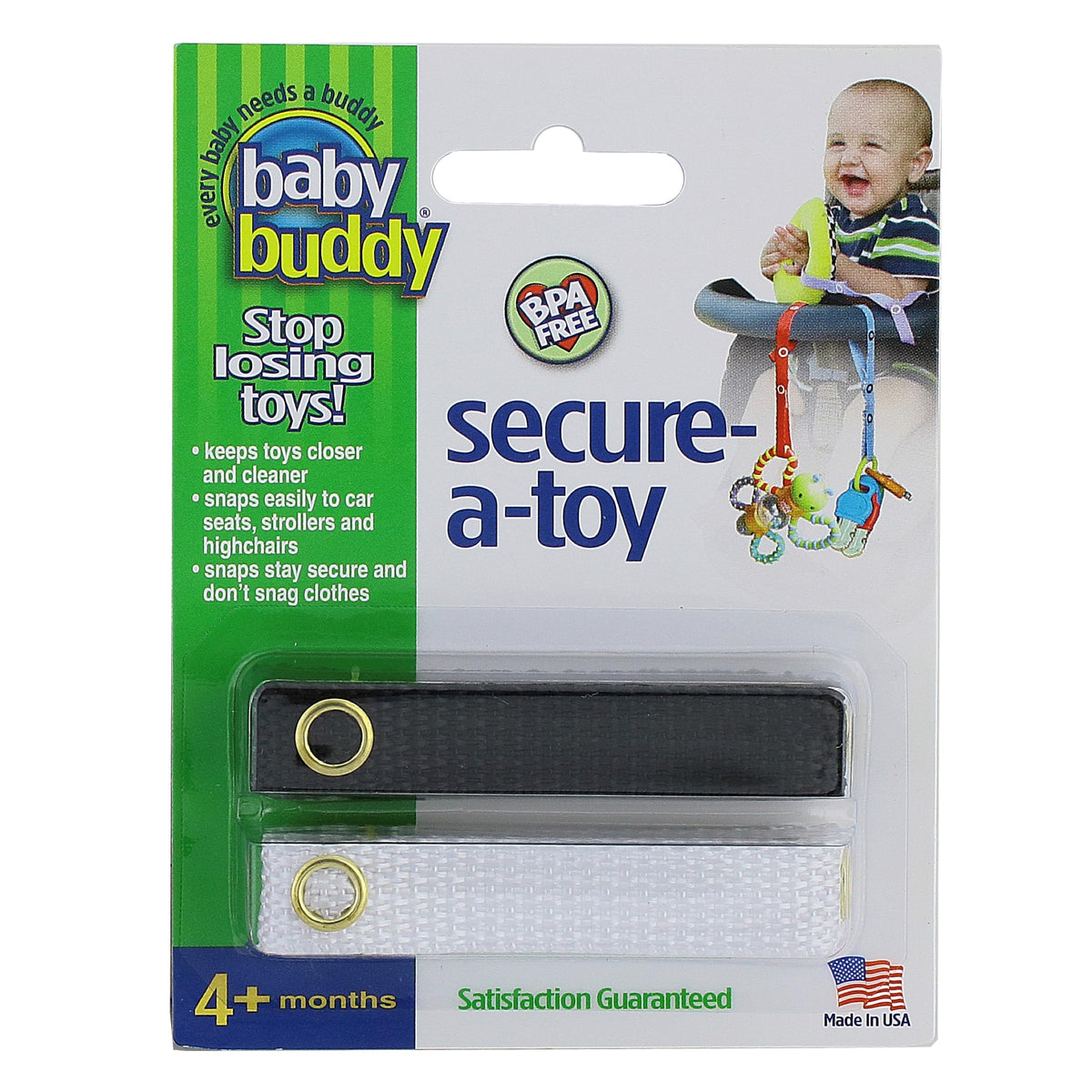 Baby Buddy Secure-a-Toy, Adjustable Pacifier and Teether Strap for Stroller, Highchair, and Car Seat, Black White, 2 pack